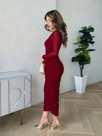 Jemour Women's Autumn Mesh Ruffle Elegant Date Night Formal Dress, Fitted Long Sleeve Mid-Length