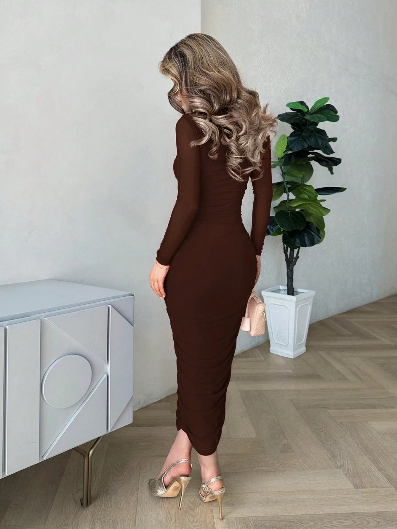 Jemour Women's Autumn Mesh Ruffle Elegant Date Night Formal Dress, Fitted Long Sleeve Mid-Length