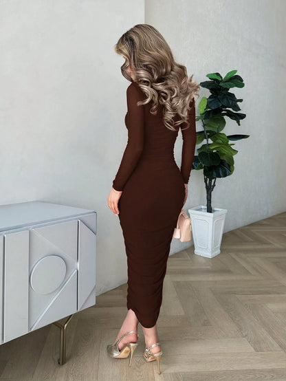 Jemour Women's Autumn Mesh Ruffle Elegant Date Night Formal Dress, Fitted Long Sleeve Mid-Length