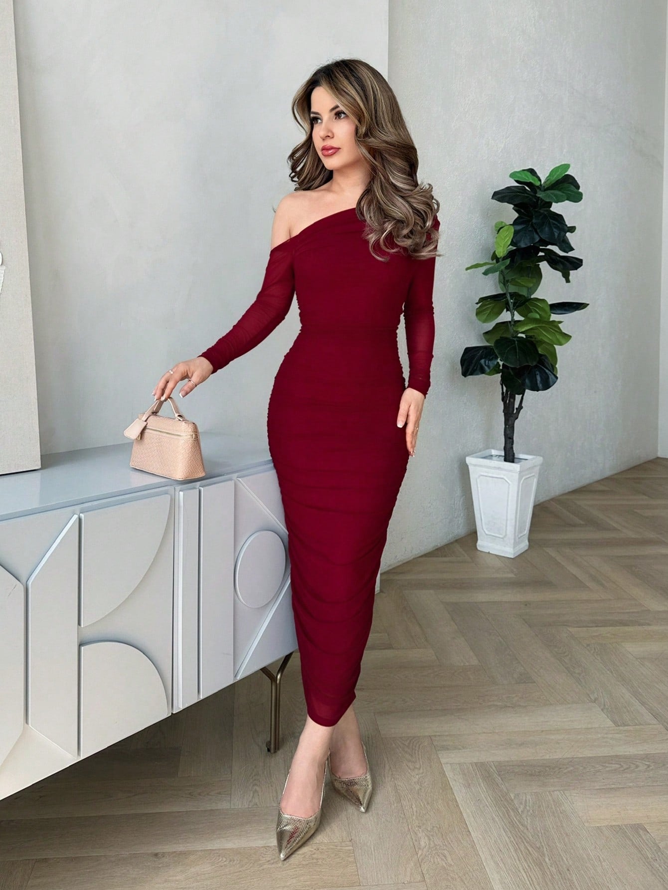 Jemour Women's Autumn Mesh Ruffle Elegant Date Night Formal Dress, Fitted Long Sleeve Mid-Length