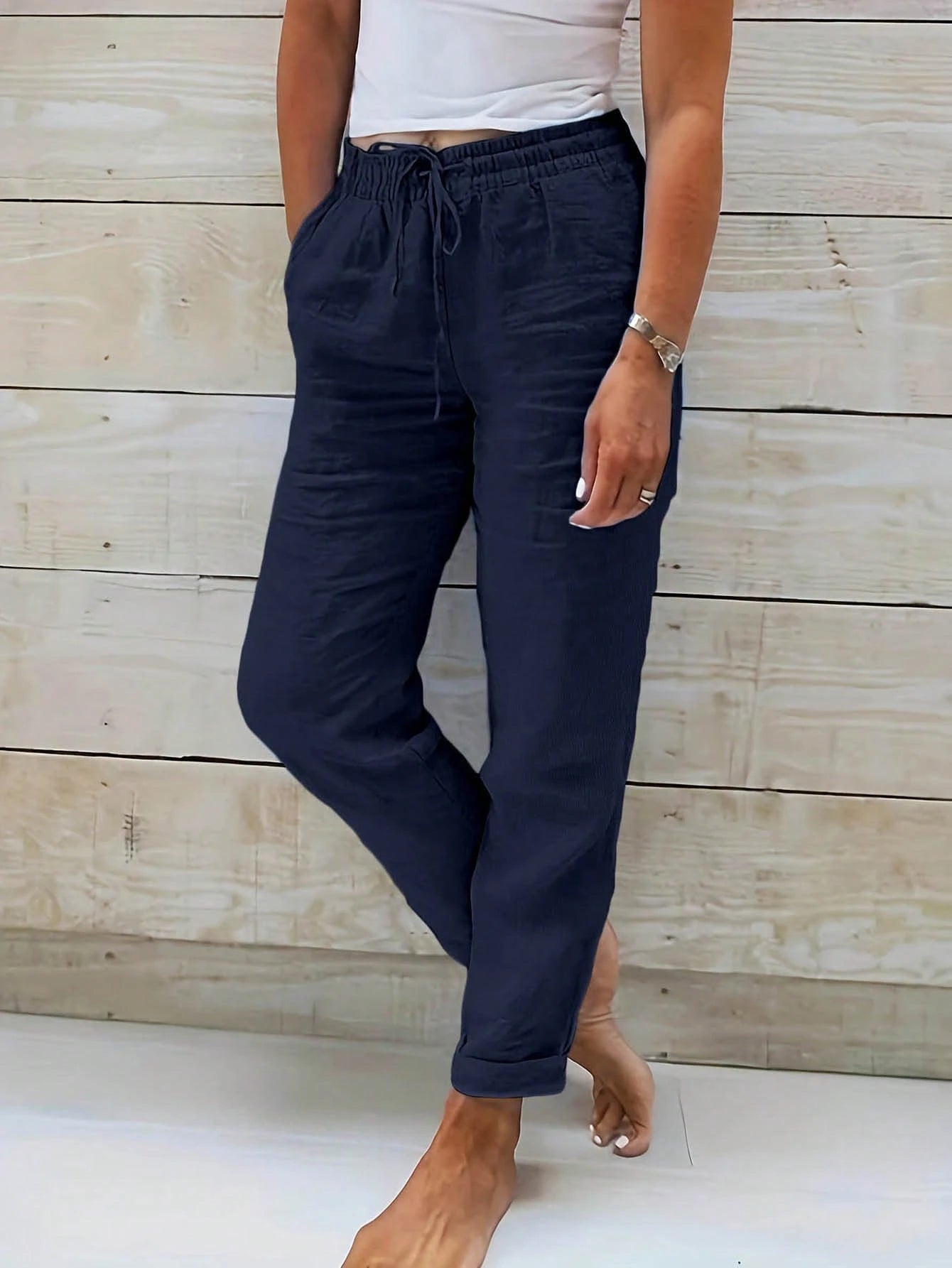 Jisfaneya Women's Solid-Color Drawstring Waist Casual Pants With Pockets Black