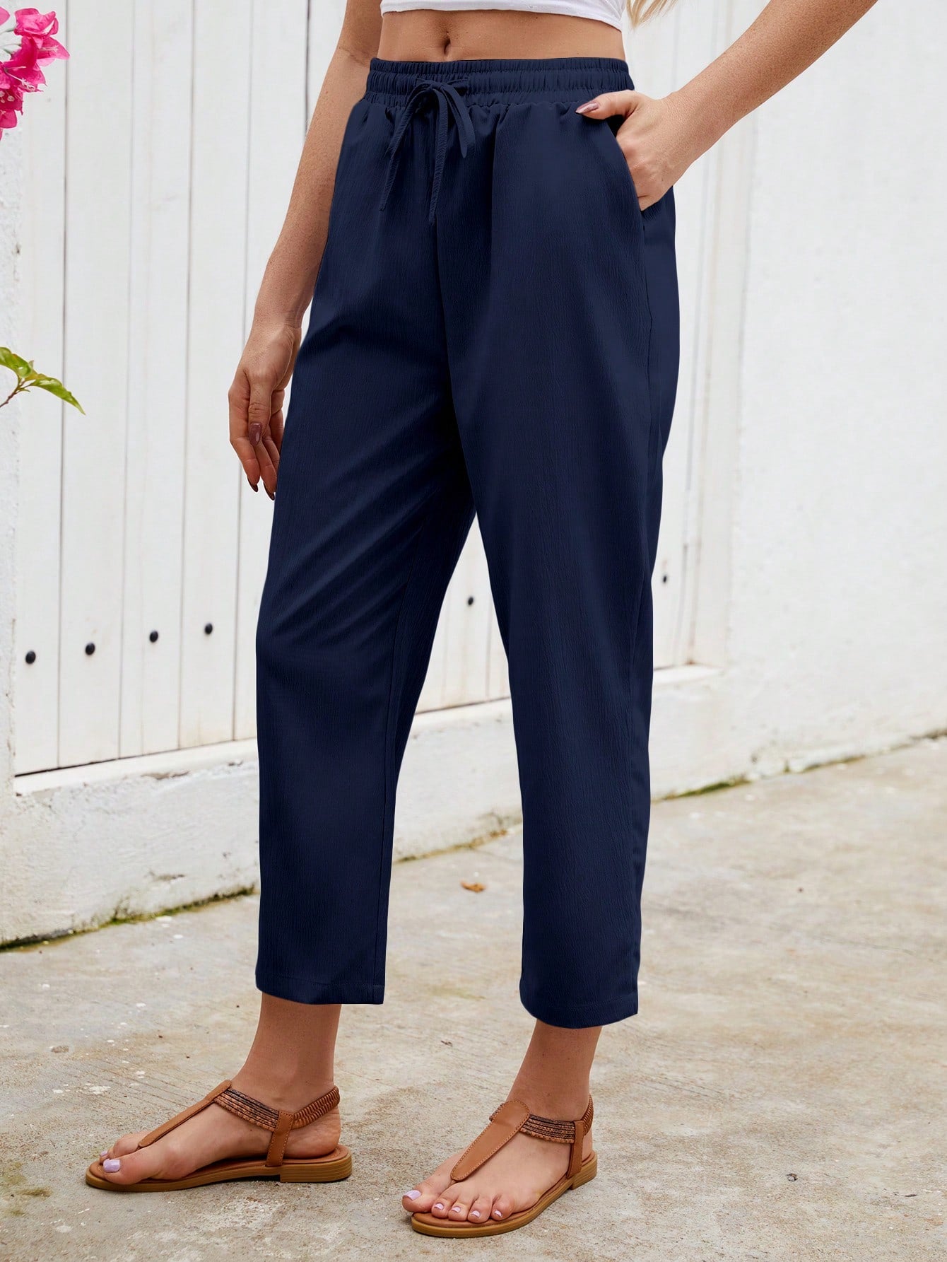 Jisfaneya Women's Solid-Color Drawstring Waist Casual Pants With Pockets Black