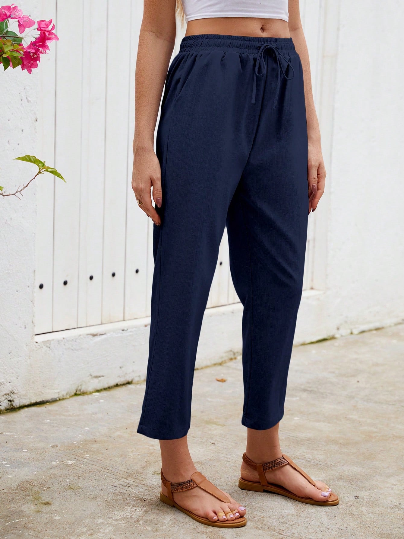 Jisfaneya Women's Solid-Color Drawstring Waist Casual Pants With Pockets Black