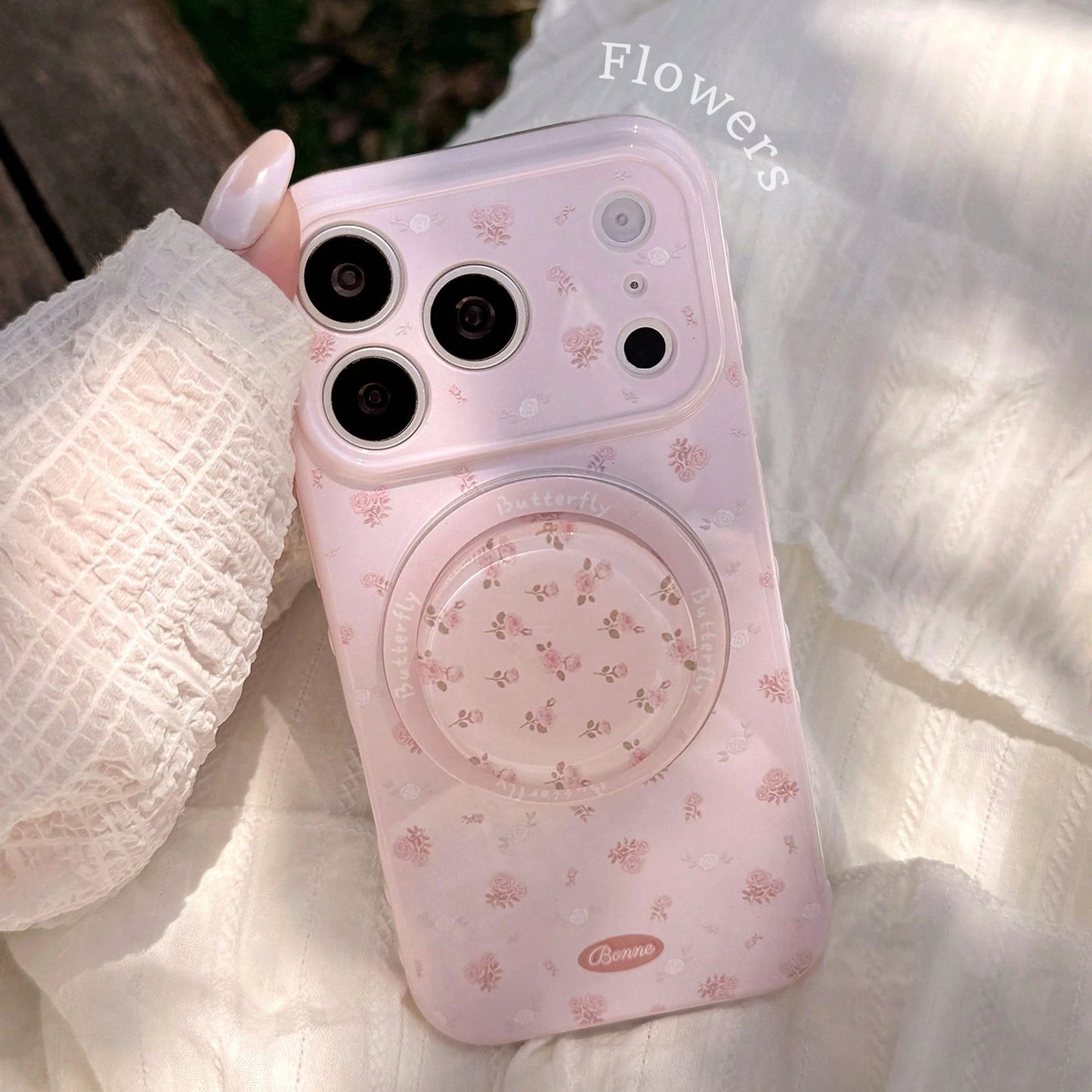 Kavenfort Strawberry Pink Magnetic Powder White Branch Rose + Pink Rose Magnetic Stand, Girl Style Floral Phone Case, Compatible With Iphone 17 17 Pro Max, Gentle 14 Magnetic Stand 15 Soft Case, Fairy