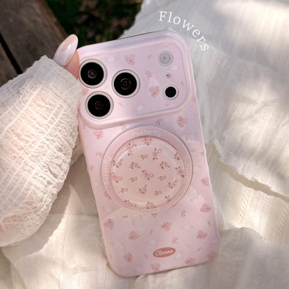 Kavenfort Strawberry Pink Magnetic Powder White Branch Rose + Pink Rose Magnetic Stand, Girl Style Floral Phone Case, Compatible With Iphone 17 17 Pro Max, Gentle 14 Magnetic Stand 15 Soft Case, Fairy