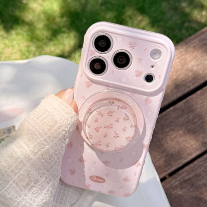 Kavenfort Strawberry Pink Magnetic Powder White Branch Rose + Pink Rose Magnetic Stand, Girl Style Floral Phone Case, Compatible With Iphone 17 17 Pro Max, Gentle 14 Magnetic Stand 15 Soft Case, Fairy