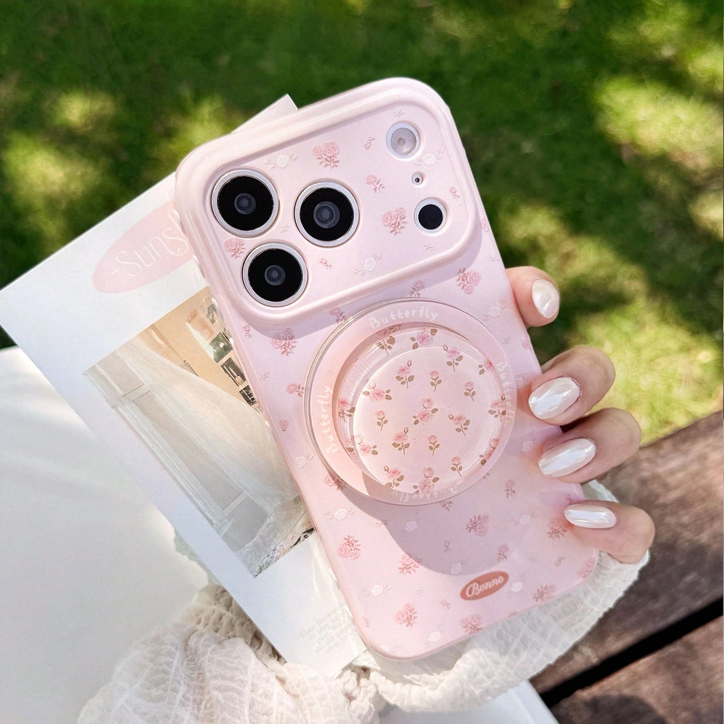 Kavenfort Strawberry Pink Magnetic Powder White Branch Rose + Pink Rose Magnetic Stand, Girl Style Floral Phone Case, Compatible With Iphone 17 17 Pro Max, Gentle 14 Magnetic Stand 15 Soft Case, Fairy