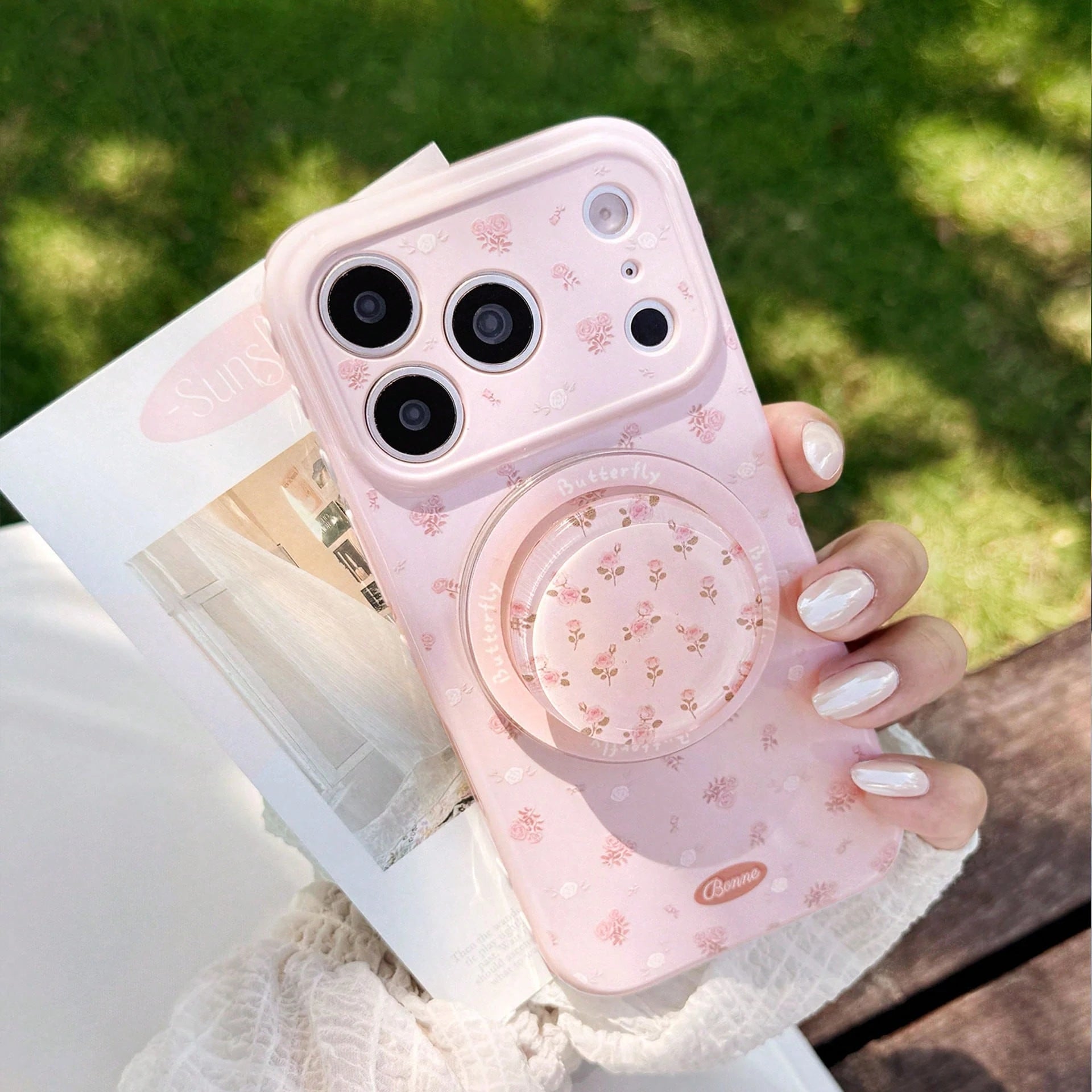 Kavenfort Strawberry Pink Magnetic Powder White Branch Rose + Pink Rose Magnetic Stand, Girl Style Floral Phone Case, Compatible With Iphone 17 17 Pro Max, Gentle 14 Magnetic Stand 15 Soft Case, Fairy