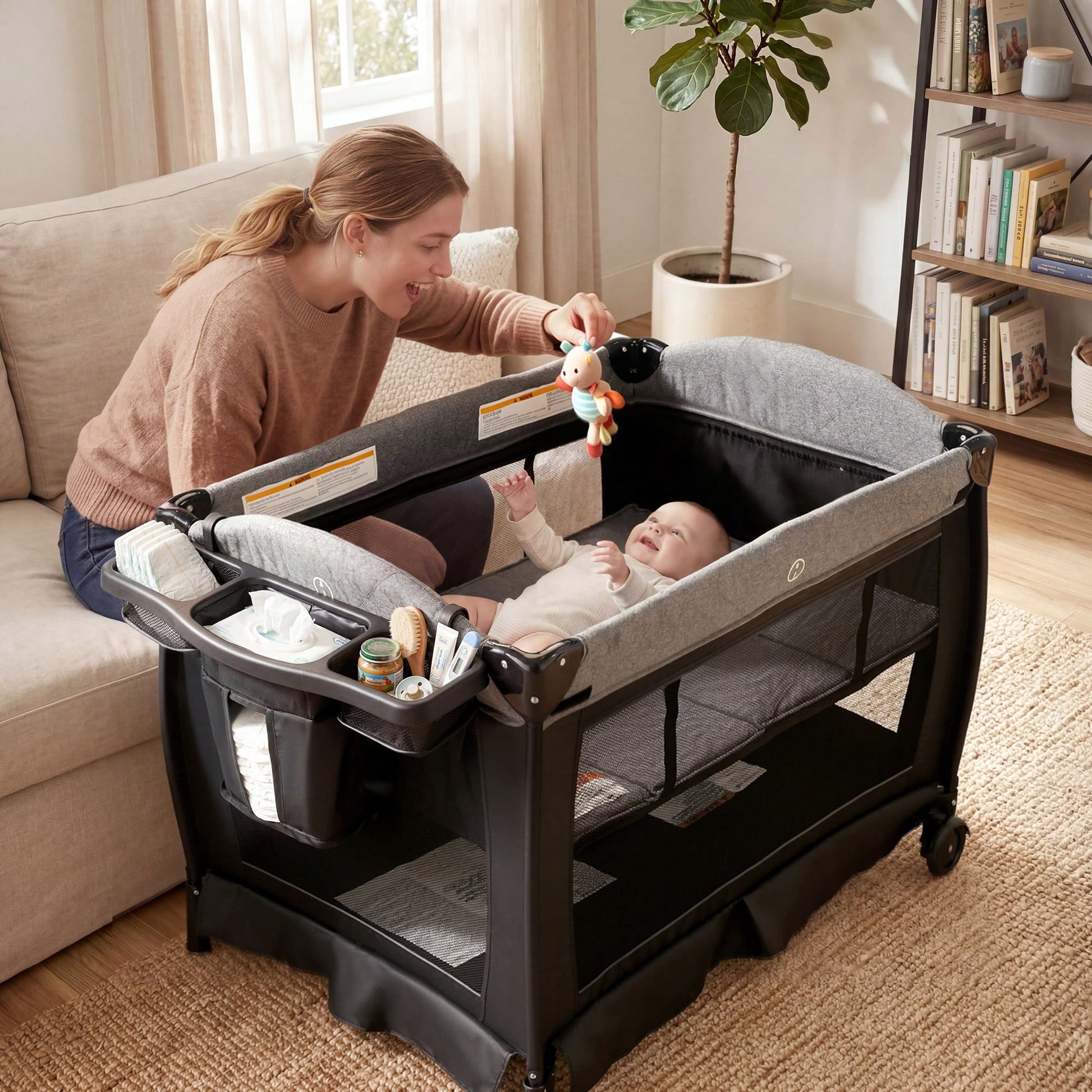 Kinder King 4-In-1 Portable Baby Bassinet, Foldable Bedside Crib With Adjustable Canopy, Storage Basket, Travel Bag For Newborns & Toddlers