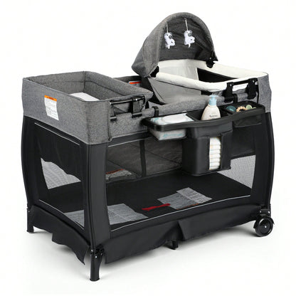 Kinder King 4-In-1 Portable Baby Bassinet, Foldable Bedside Crib With Adjustable Canopy, Storage Basket, Travel Bag For Newborns & Toddlers