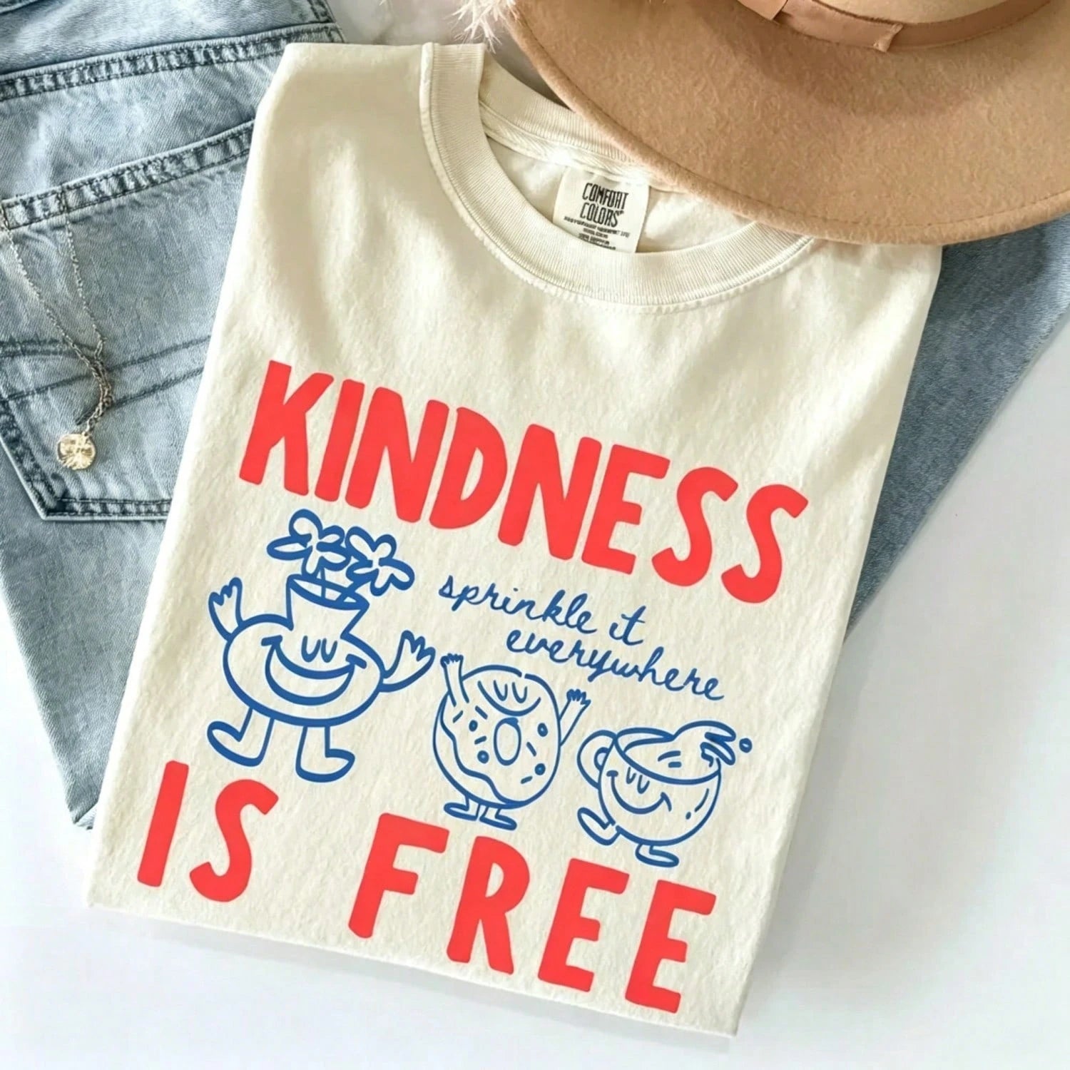 Kindness Is Free Print Shirt, Funny Sprinkled Doughnut Empathy Graphic Tee