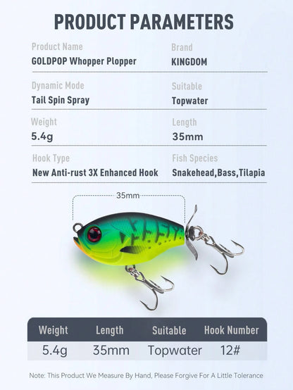 Kingdom GoldPop 35mm 5.4g Topwater Whopper Popper Fishing Lure Pike Fishing Floating Wobbler Artificial Hard Bait With Propeller