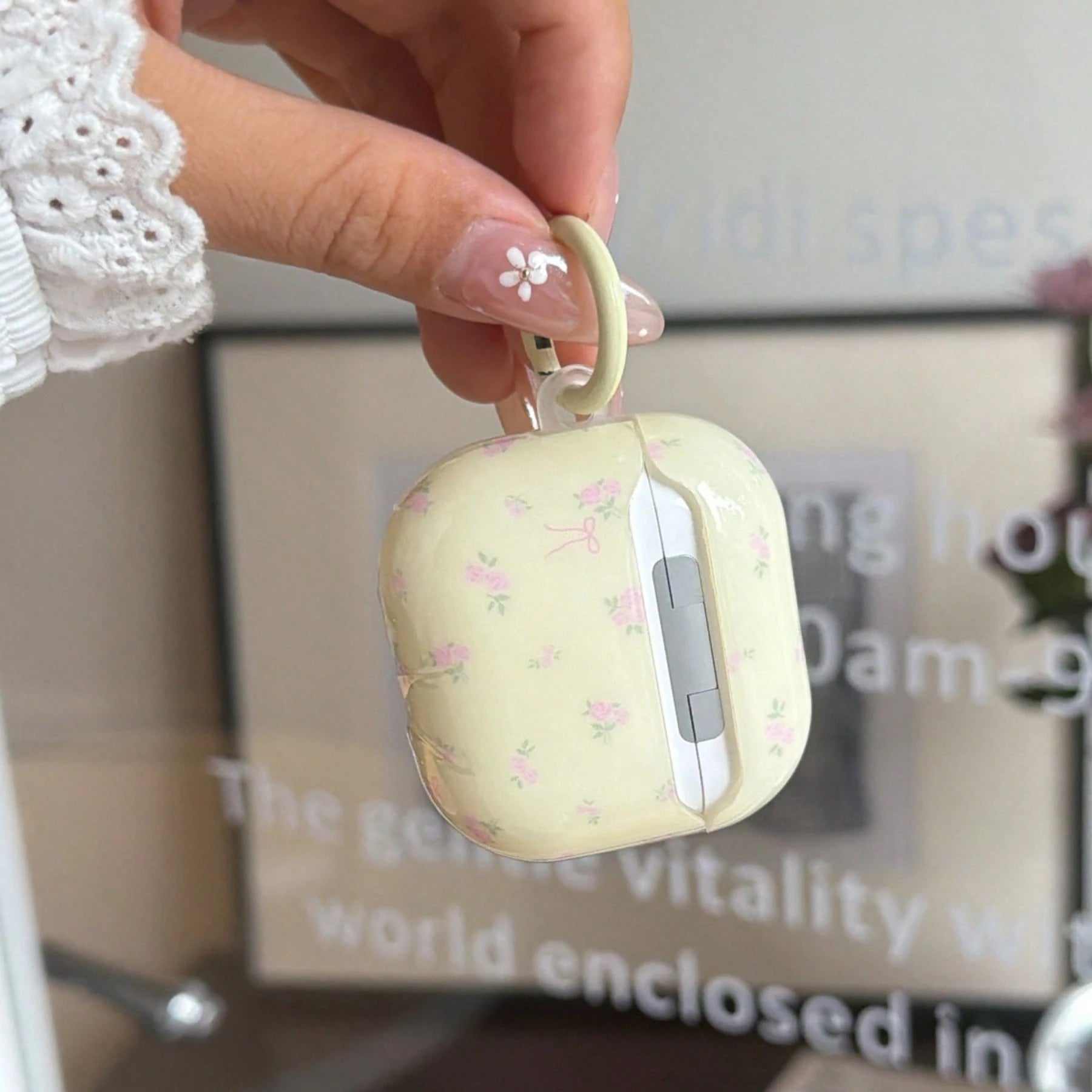 Korean Style Ins Ditsy Floral Pattern Earphone Case With Hanging Ring Compatible With Airpods 4th Gen Cute Earphone Cover Apple 2nd Gen 3rd Gen New Protective Case Pendant Airpodspro 3 Korean Style Ea