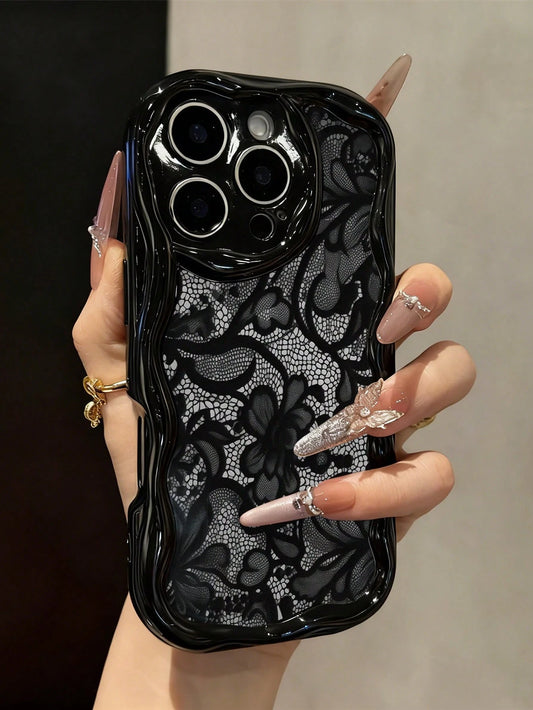 Lace Colorful Printed Black Cream Patterned Soft Case Compatible With IP17/IP17PROMAX/Iphone16//Iphone16pro/Iphone16promax/Iphone15/ XR/7p8p/P12promax/P13promax/P14PROMAX/P13/P14/P11/P12/P14 Cute Fa