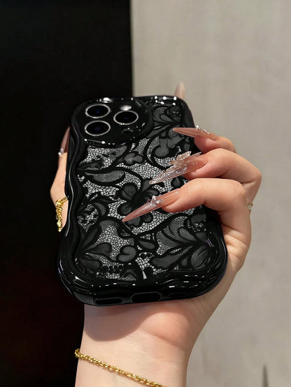 Lace Colorful Printed Black Cream Patterned Soft Case Compatible With IP17/IP17PROMAX/Iphone16//Iphone16pro/Iphone16promax/Iphone15/ XR/7p8p/P12promax/P13promax/P14PROMAX/P13/P14/P11/P12/P14 Cute Fa
