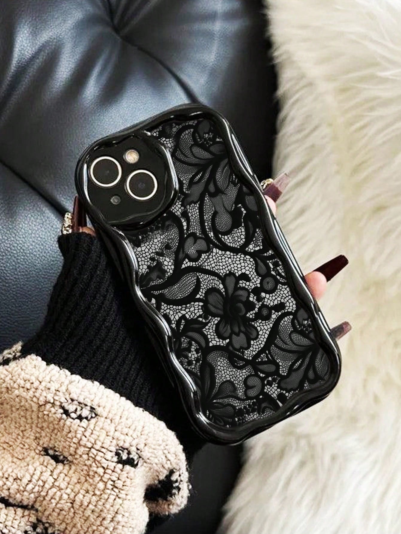 Lace Colorful Printed Black Cream Patterned Soft Case Compatible With IP17/IP17PROMAX/Iphone16//Iphone16pro/Iphone16promax/Iphone15/ XR/7p8p/P12promax/P13promax/P14PROMAX/P13/P14/P11/P12/P14 Cute Fa