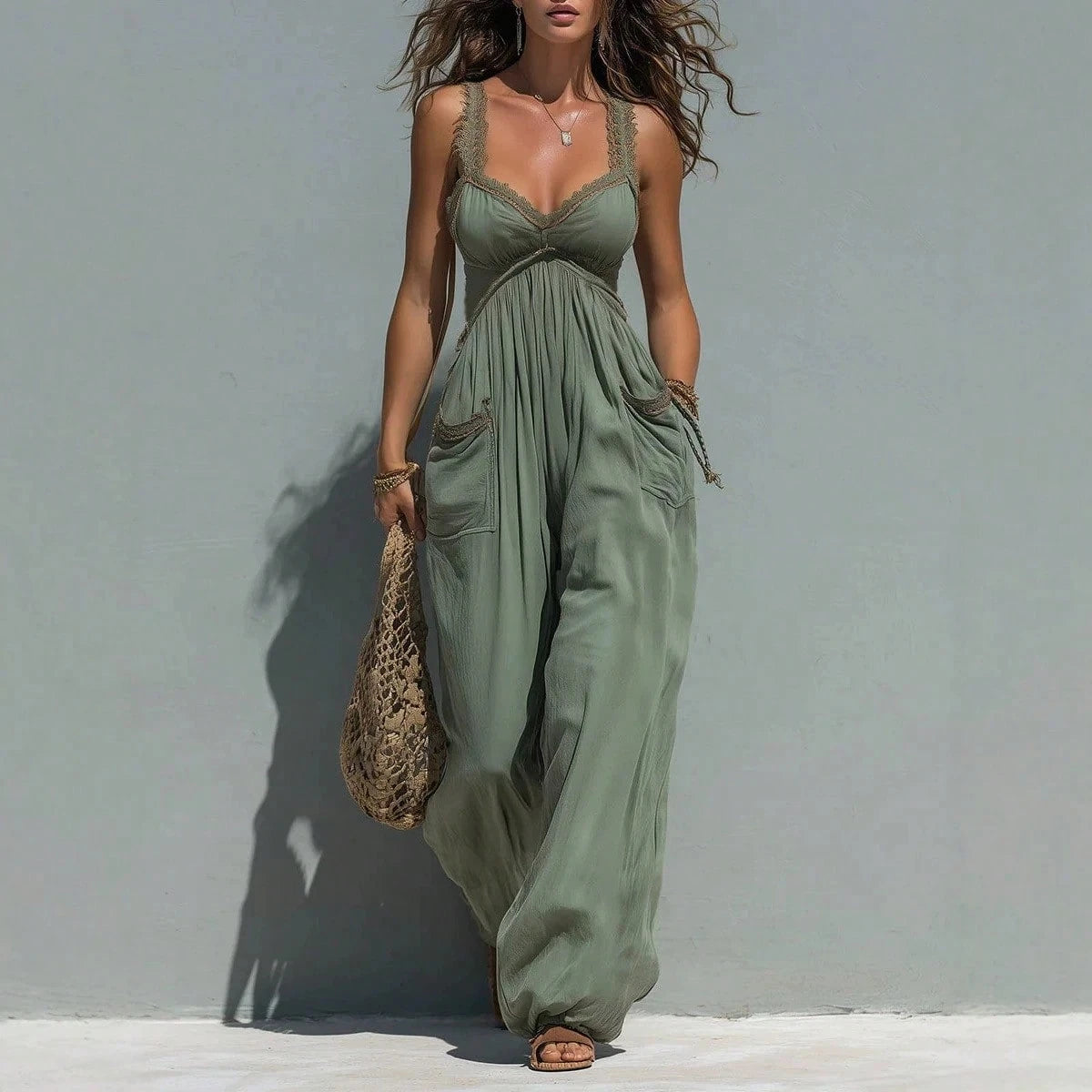 Lace Trim Spaghetti Strap Empire Waist Baggy Harem Jumpsuit, Loose Wide Leg With Side Pockets For Beach Vacation Coastal Resort Summer Outfits