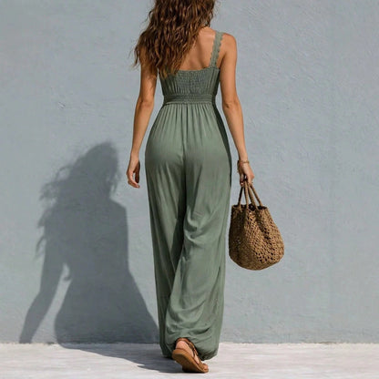Lace Trim Spaghetti Strap Empire Waist Baggy Harem Jumpsuit, Loose Wide Leg With Side Pockets For Beach Vacation Coastal Resort Summer Outfits