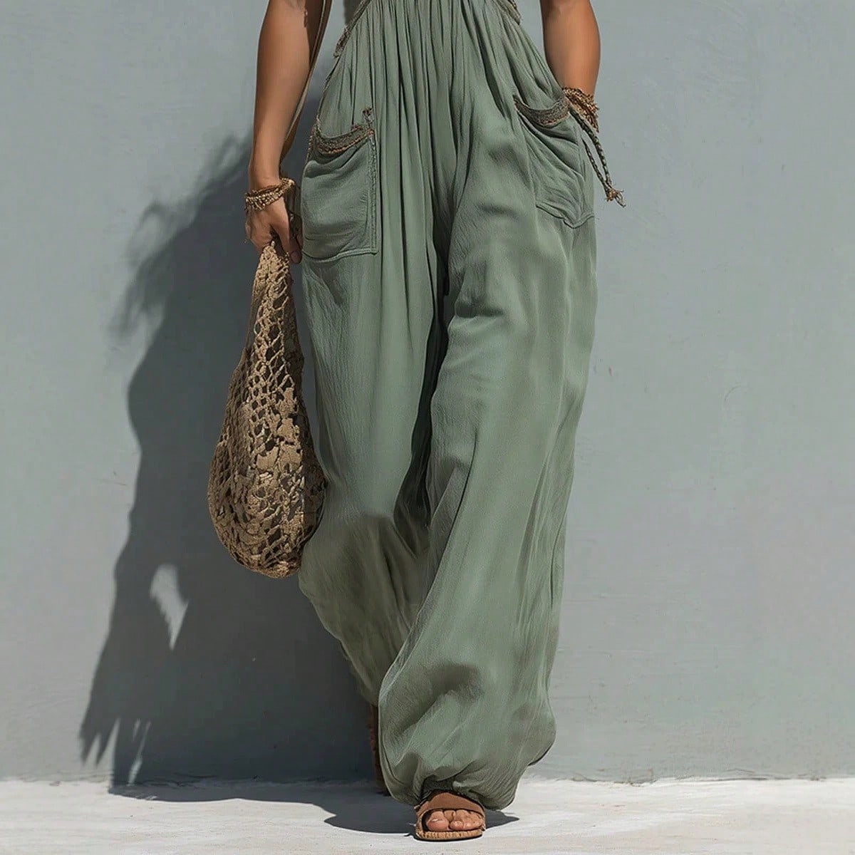Lace Trim Spaghetti Strap Empire Waist Baggy Harem Jumpsuit, Loose Wide Leg With Side Pockets For Beach Vacation Coastal Resort Summer Outfits