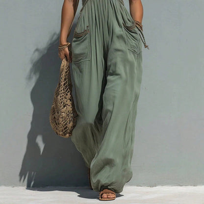 Lace Trim Spaghetti Strap Empire Waist Baggy Harem Jumpsuit, Loose Wide Leg With Side Pockets For Beach Vacation Coastal Resort Summer Outfits