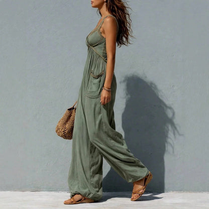 Lace Trim Spaghetti Strap Empire Waist Baggy Harem Jumpsuit, Loose Wide Leg With Side Pockets For Beach Vacation Coastal Resort Summer Outfits