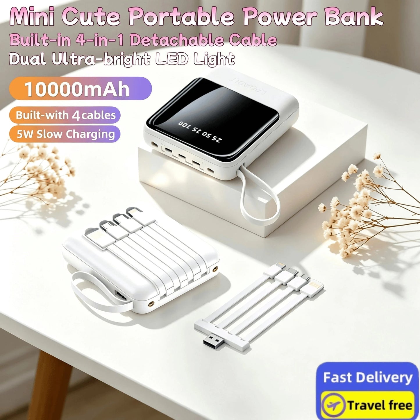 LADAPU 10000mAh Mini Cute Pocket Size 5W Fast Charging Portable Power Bank, Small Size Large Capacity High Appearance, Built-In 4-In1- Detachable Cables, High-Speed Rechargeable Battery, USB-C & Micro