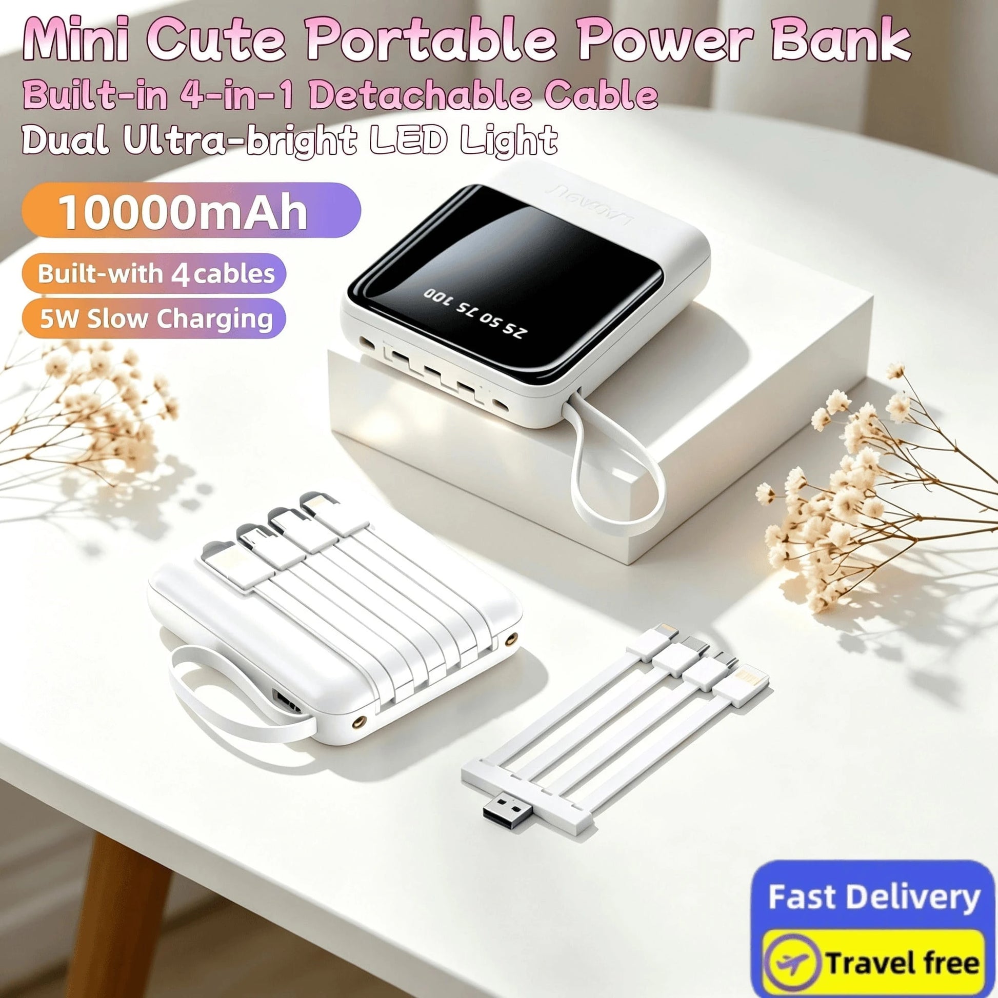 LADAPU 10000mAh Mini Cute Pocket Size 5W Fast Charging Portable Power Bank, Small Size Large Capacity High Appearance, Built-In 4-In1- Detachable Cables, High-Speed Rechargeable Battery, USB-C & Micro