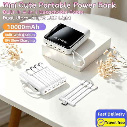 LADAPU 10000mAh Mini Cute Pocket Size 5W Fast Charging Portable Power Bank, Small Size Large Capacity High Appearance, Built-In 4-In1- Detachable Cables, High-Speed Rechargeable Battery, USB-C & Micro