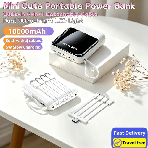 LADAPU 10000mAh Mini Cute Pocket Size 5W Fast Charging Portable Power Bank, Small Size Large Capacity High Appearance, Built-In 4-In1- Detachable Cables, High-Speed Rechargeable Battery, USB-C & Micro