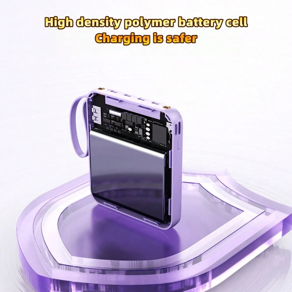 LADAPU 10000mAh Mini Cute Pocket Size 5W Fast Charging Portable Power Bank, Small Size Large Capacity High Appearance, Built-In 4-In1- Detachable Cables, High-Speed Rechargeable Battery, USB-C & Micro