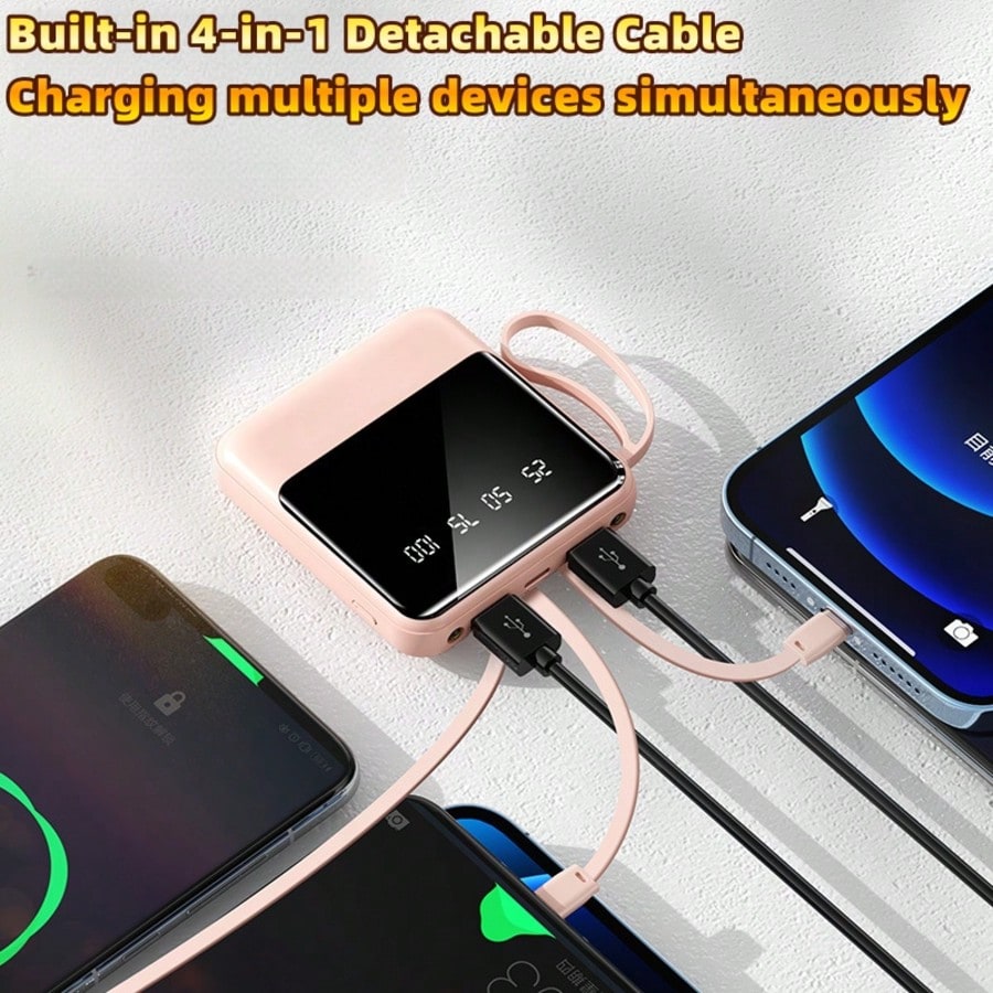 LADAPU 10000mAh Mini Cute Pocket Size 5W Fast Charging Portable Power Bank, Small Size Large Capacity High Appearance, Built-In 4-In1- Detachable Cables, High-Speed Rechargeable Battery, USB-C & Micro