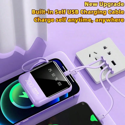 LADAPU 10000mAh Mini Cute Pocket Size 5W Fast Charging Portable Power Bank, Small Size Large Capacity High Appearance, Built-In 4-In1- Detachable Cables, High-Speed Rechargeable Battery, USB-C & Micro
