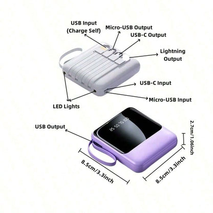 LADAPU 10000mAh Mini Cute Pocket Size 5W Fast Charging Portable Power Bank, Small Size Large Capacity High Appearance, Built-In 4-In1- Detachable Cables, High-Speed Rechargeable Battery, USB-C & Micro