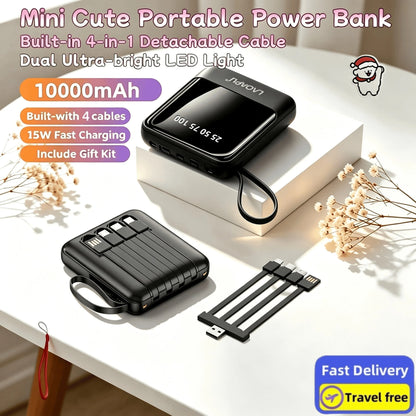 LADAPU 10000mAh Mini Cute Pocket Size 5W Fast Charging Portable Power Bank, Small Size Large Capacity High Appearance, Built-In 4-In1- Detachable Cables, High-Speed Rechargeable Battery, USB-C & Micro