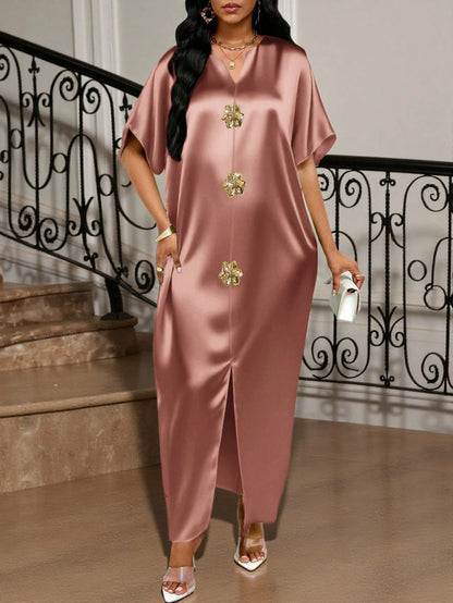 Lady Dusty Pink Summer Elegant Wedding Ninang Women's Satin Jacquard Front Slit Dress,Wedding Guest Holiday Prom Dinner Outfit,Curve Midi Party Dresses