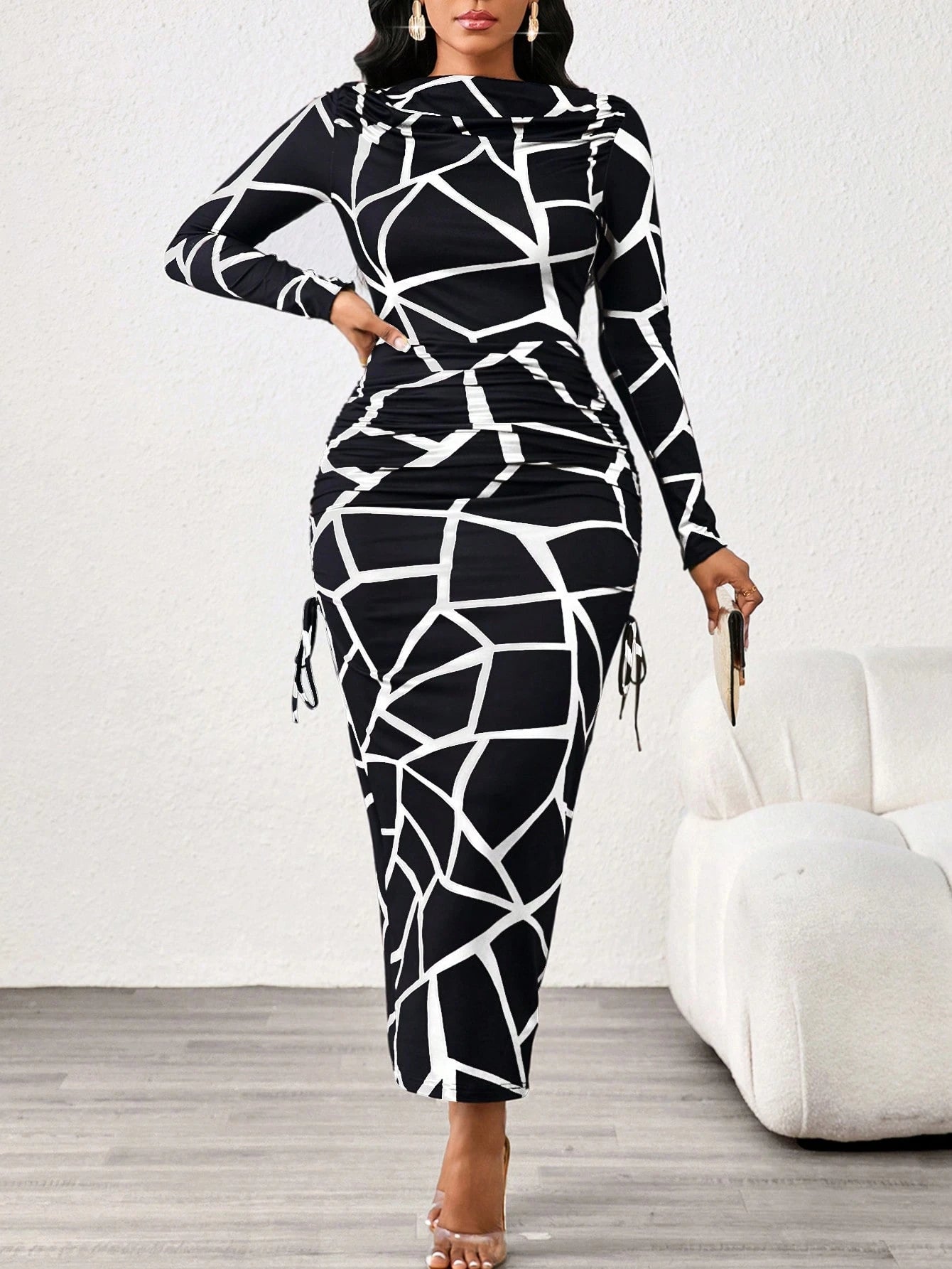 Lady Leopard Print Slim Fit Long Sleeve Boat Collar Women's Dress Elegant And Exquisite Women's Dress