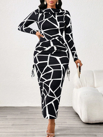 Lady Leopard Print Slim Fit Long Sleeve Boat Collar Women's Dress Elegant And Exquisite Women's Dress