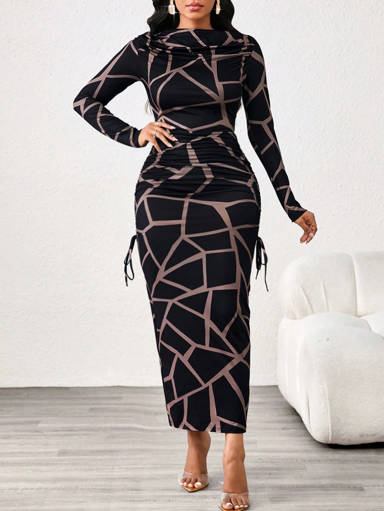 Lady Leopard Print Slim Fit Long Sleeve Boat Collar Women's Dress Elegant And Exquisite Women's Dress