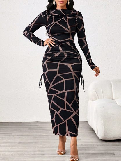 Lady Leopard Print Slim Fit Long Sleeve Boat Collar Women's Dress Elegant And Exquisite Women's Dress