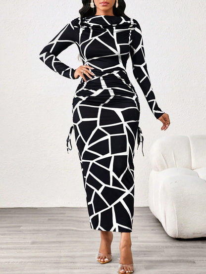 Lady Leopard Print Slim Fit Long Sleeve Boat Collar Women's Dress Elegant And Exquisite Women's Dress