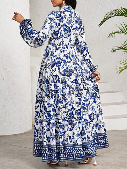 Lady White Floral Autumn Boho Elegant Women's Maxi Dress,Porcelain Print Holiday Tea Party Vacation BirthdayEvent Wedding Office Church Tropical Beach