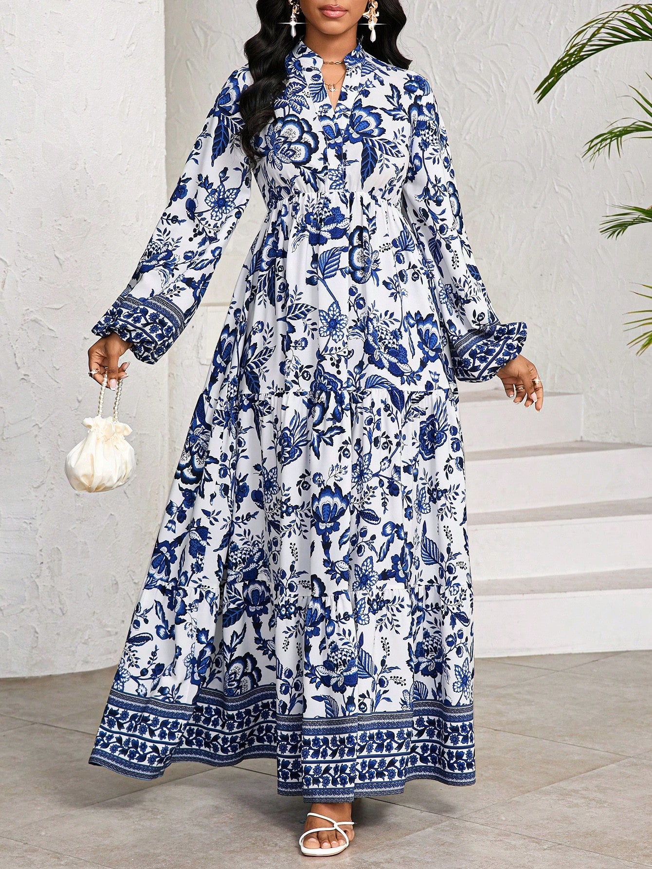 Lady White Floral Autumn Boho Elegant Women's Maxi Dress,Porcelain Print Holiday Tea Party Vacation BirthdayEvent Wedding Office Church Tropical Beach