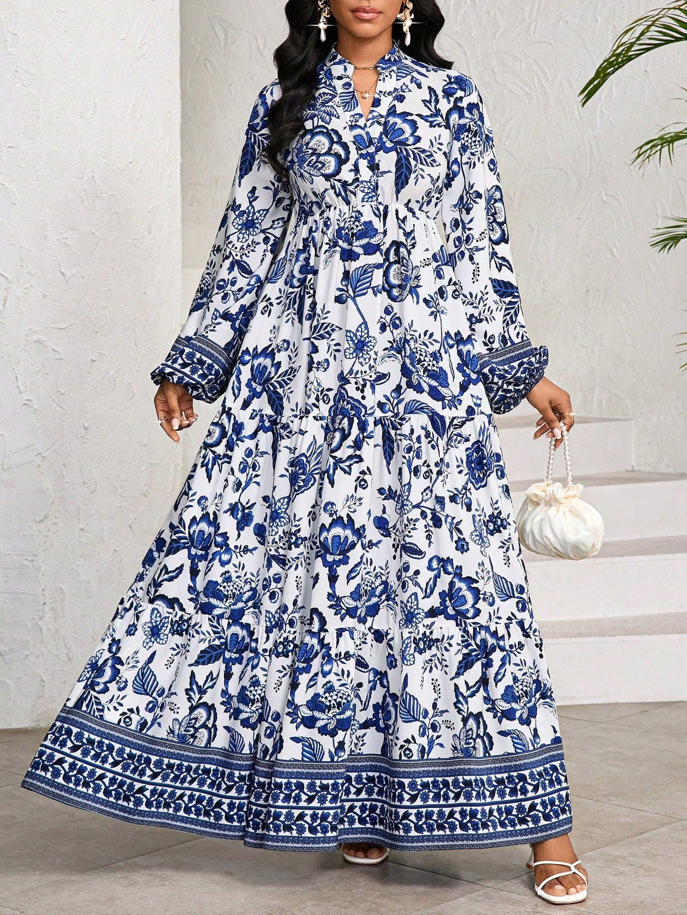 Lady White Floral Autumn Boho Elegant Women's Maxi Dress,Porcelain Print Holiday Tea Party Vacation BirthdayEvent Wedding Office Church Tropical Beach