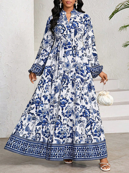 Lady White Floral Autumn Boho Elegant Women's Maxi Dress,Porcelain Print Holiday Tea Party Vacation BirthdayEvent Wedding Office Church Tropical Beach