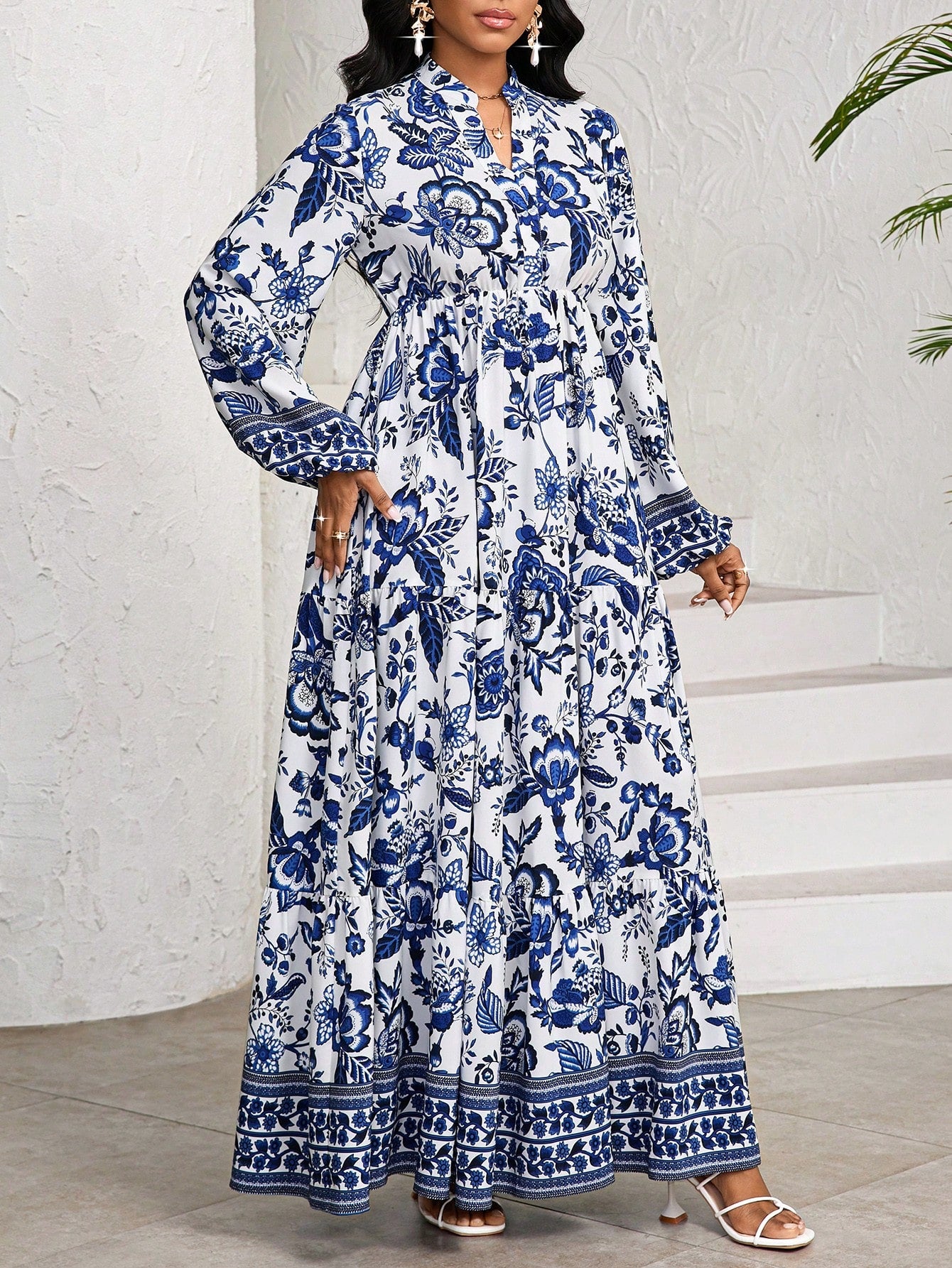 Lady White Floral Autumn Boho Elegant Women's Maxi Dress,Porcelain Print Holiday Tea Party Vacation BirthdayEvent Wedding Office Church Tropical Beach