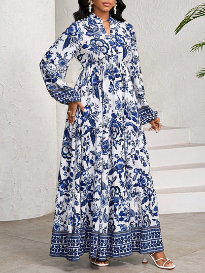 Lady White Floral Autumn Boho Elegant Women's Maxi Dress,Porcelain Print Holiday Tea Party Vacation BirthdayEvent Wedding Office Church Tropical Beach