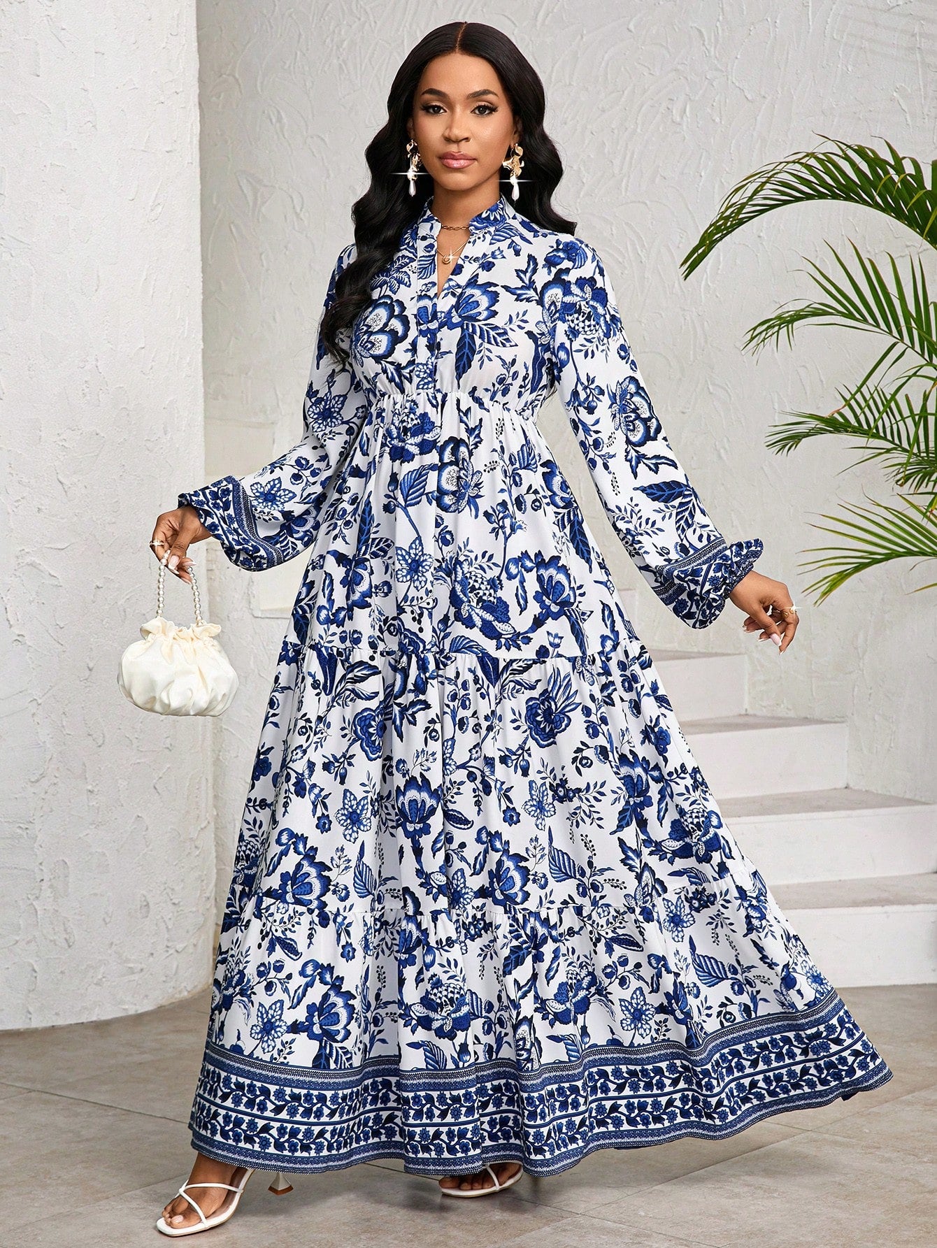 Lady White Floral Autumn Boho Elegant Women's Maxi Dress,Porcelain Print Holiday Tea Party Vacation BirthdayEvent Wedding Office Church Tropical Beach