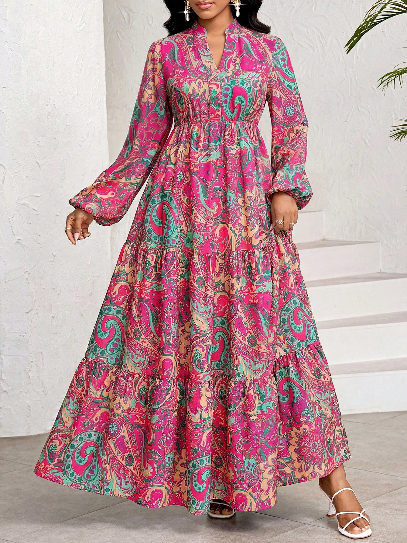 Lady White Floral Autumn Boho Elegant Women's Maxi Dress,Porcelain Print Holiday Tea Party Vacation BirthdayEvent Wedding Office Church Tropical Beach