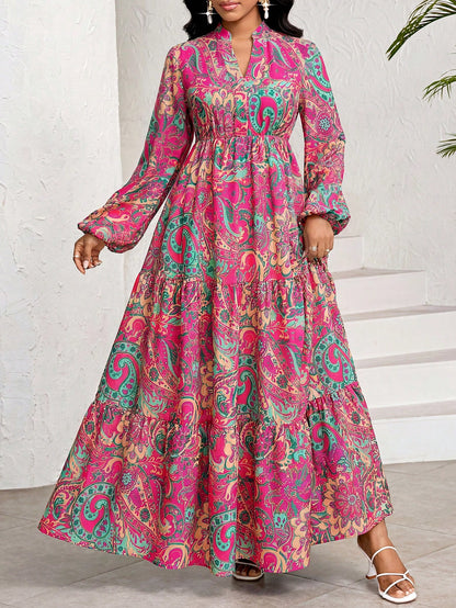 Lady White Floral Autumn Boho Elegant Women's Maxi Dress,Porcelain Print Holiday Tea Party Vacation BirthdayEvent Wedding Office Church Tropical Beach