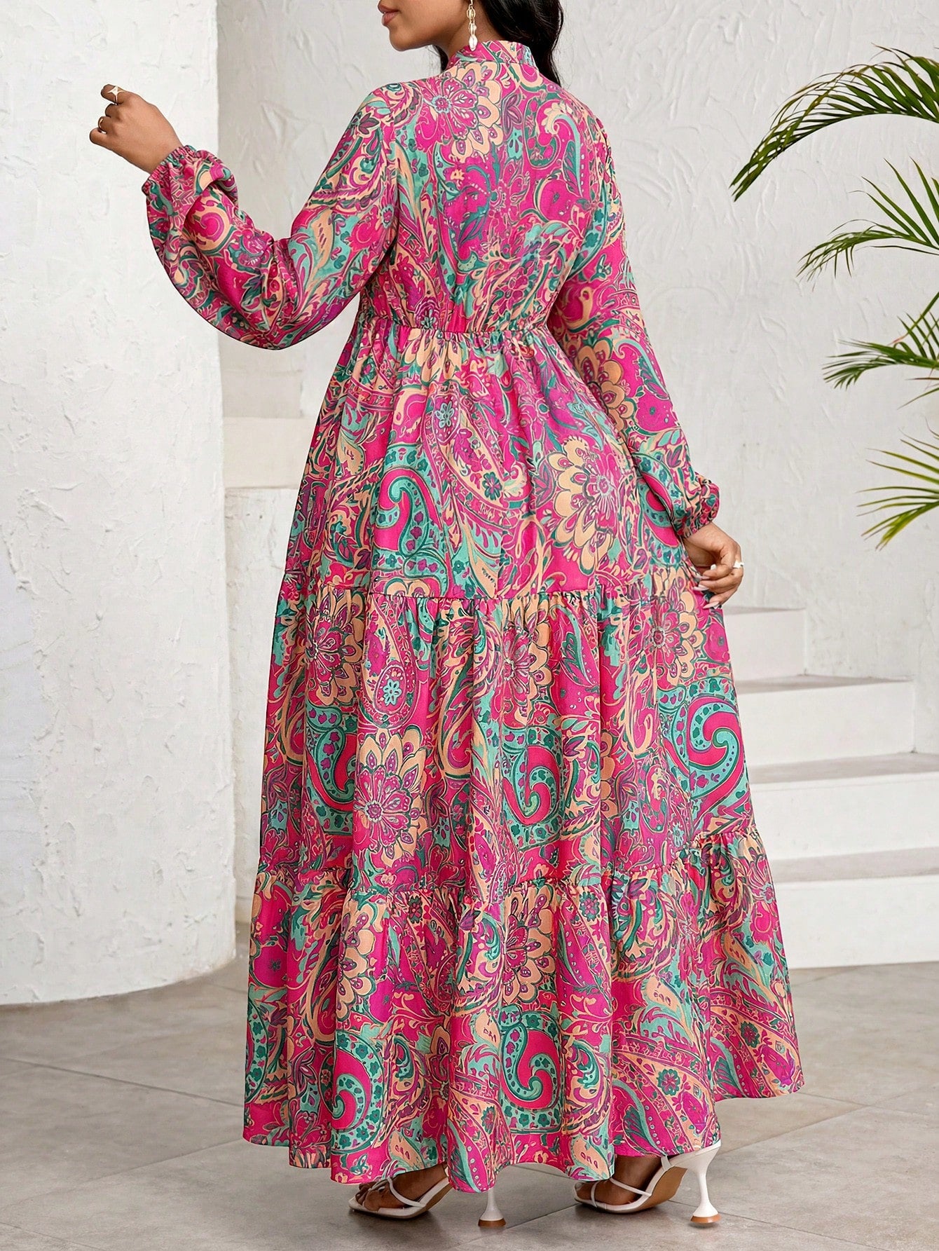 Lady White Floral Autumn Boho Elegant Women's Maxi Dress,Porcelain Print Holiday Tea Party Vacation BirthdayEvent Wedding Office Church Tropical Beach